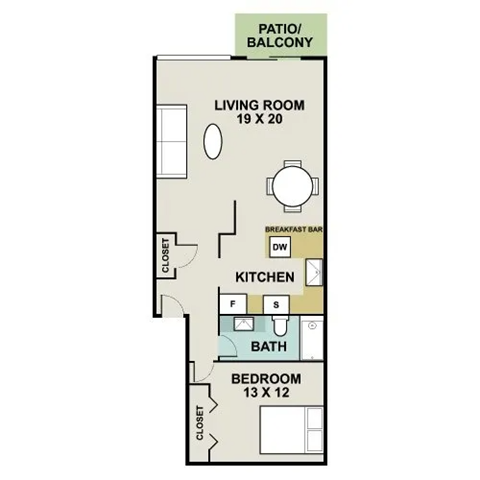 A floor plan of a home with a living room, kitchen, bath, and bedroom.